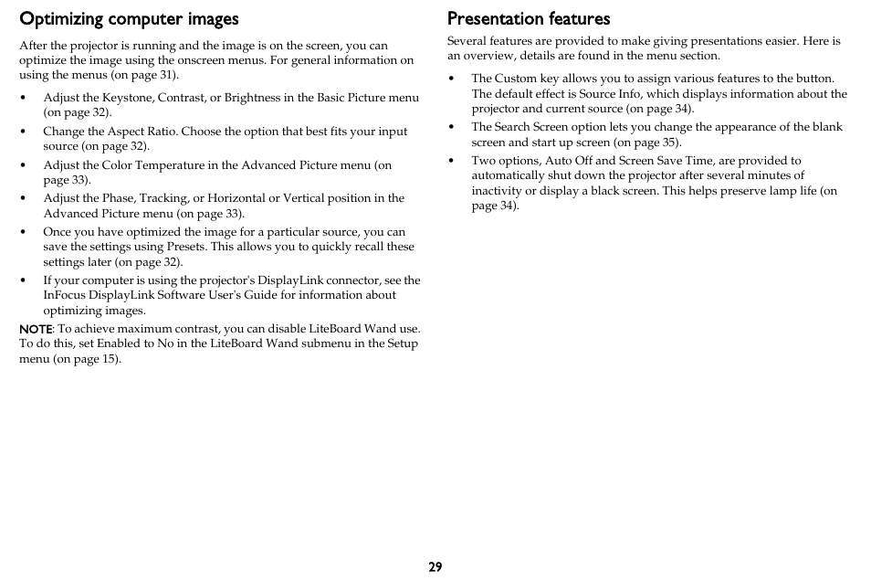 Optimizing computer images, Presentation features | InFocus DISPLAY LINK IN3902LB User Manual | Page 30 / 51