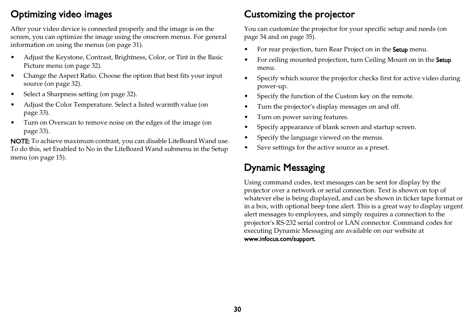 Optimizing video images, Customizing the projector, Dynamic messaging | InFocus DISPLAY LINK IN3902LB User Manual | Page 31 / 51