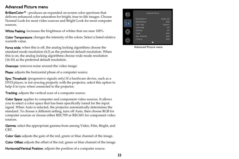 Picture menu (on, Alue (on, Advanced picture menu | InFocus DISPLAY LINK IN3902LB User Manual | Page 34 / 51