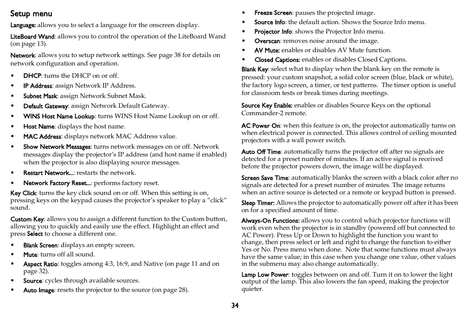 S (on, Setup menu | InFocus DISPLAY LINK IN3902LB User Manual | Page 35 / 51