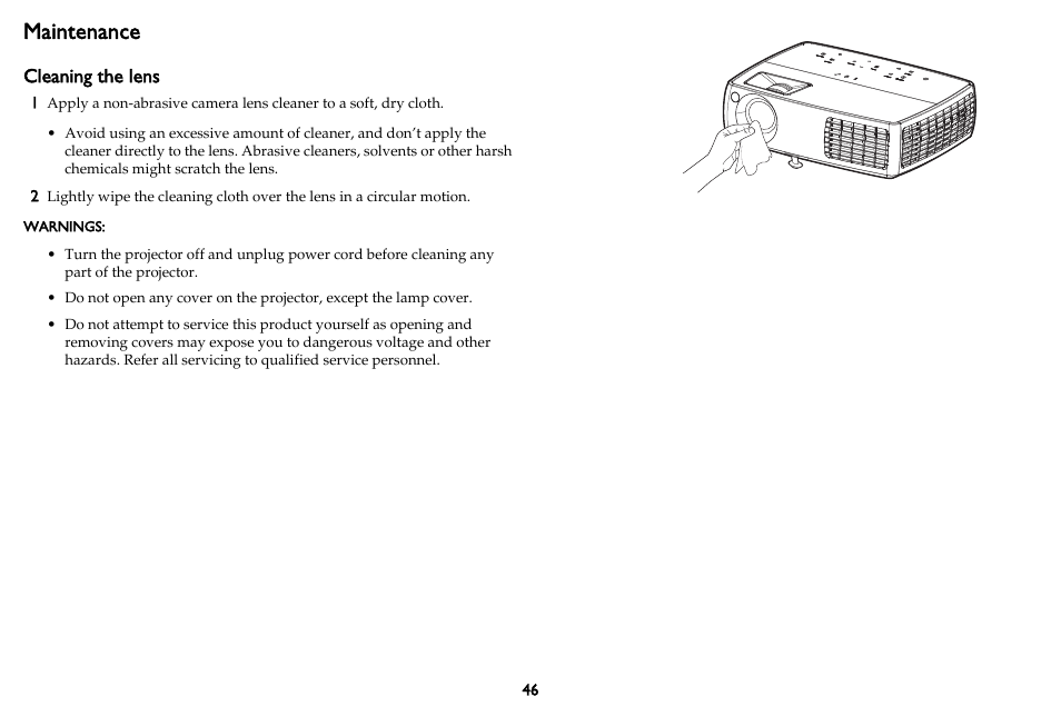 Maintenance, Cleaning the lens | InFocus DISPLAY LINK IN3902LB User Manual | Page 47 / 51