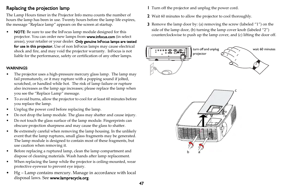 Replacing the projection lamp | InFocus DISPLAY LINK IN3902LB User Manual | Page 48 / 51