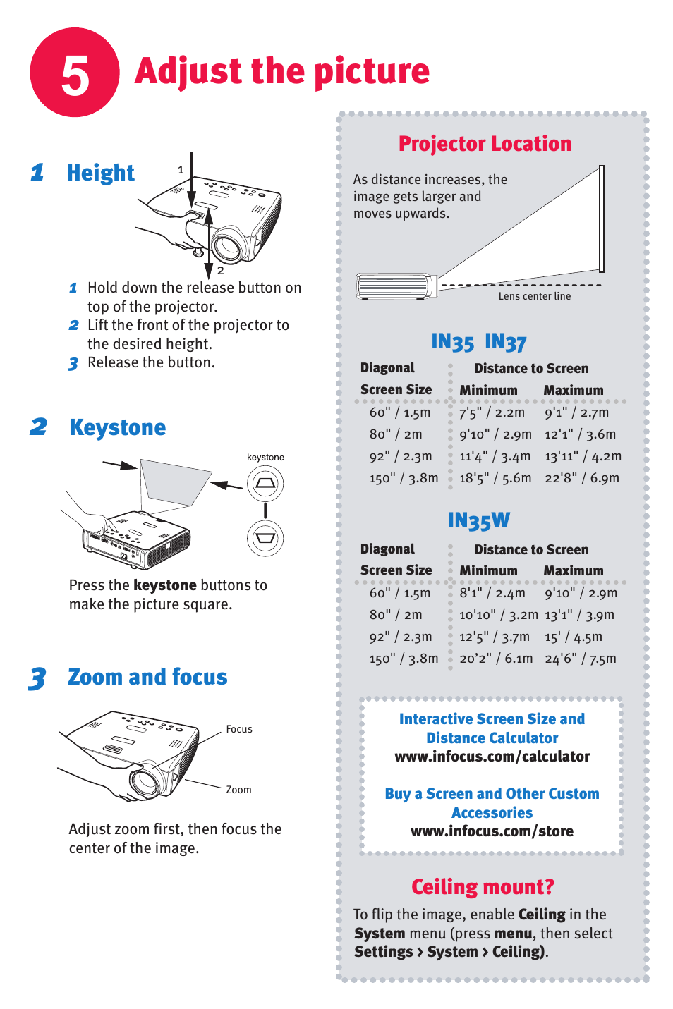 Adjust the picture, Height, Keystone | Zoom and focus, Ceiling mount, Projector location | InFocus IN35 User Manual | Page 5 / 8