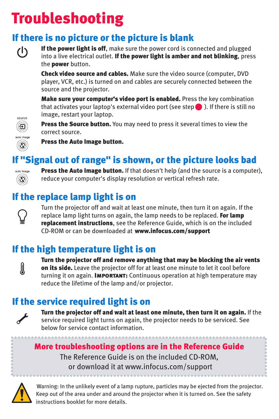 Troubleshooting, If there is no picture or the picture is blank, If the replace lamp light is on | If the high temperature light is on, If the service required light is on | InFocus IN35 User Manual | Page 7 / 8