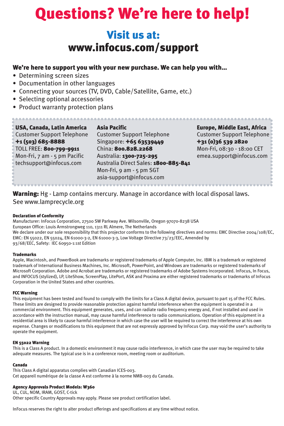 Questions? we’re here to help | InFocus IN35 User Manual | Page 8 / 8