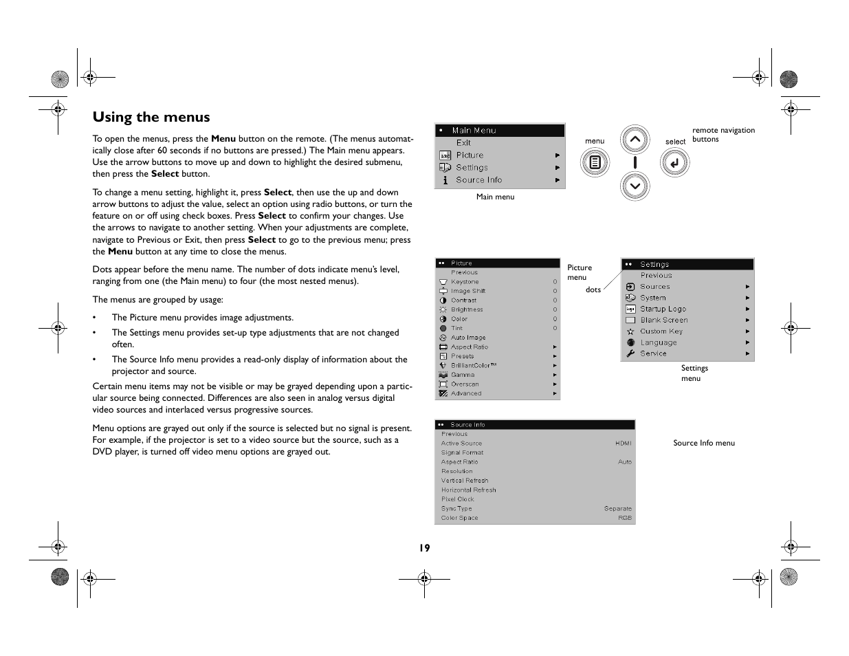 Using the menus | InFocus Play Big IN82 User Manual | Page 20 / 39