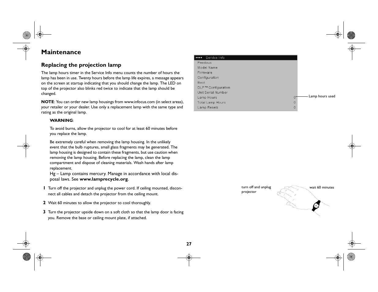 Maintenance, Replacing the projection lamp | InFocus Play Big IN82 User Manual | Page 28 / 39
