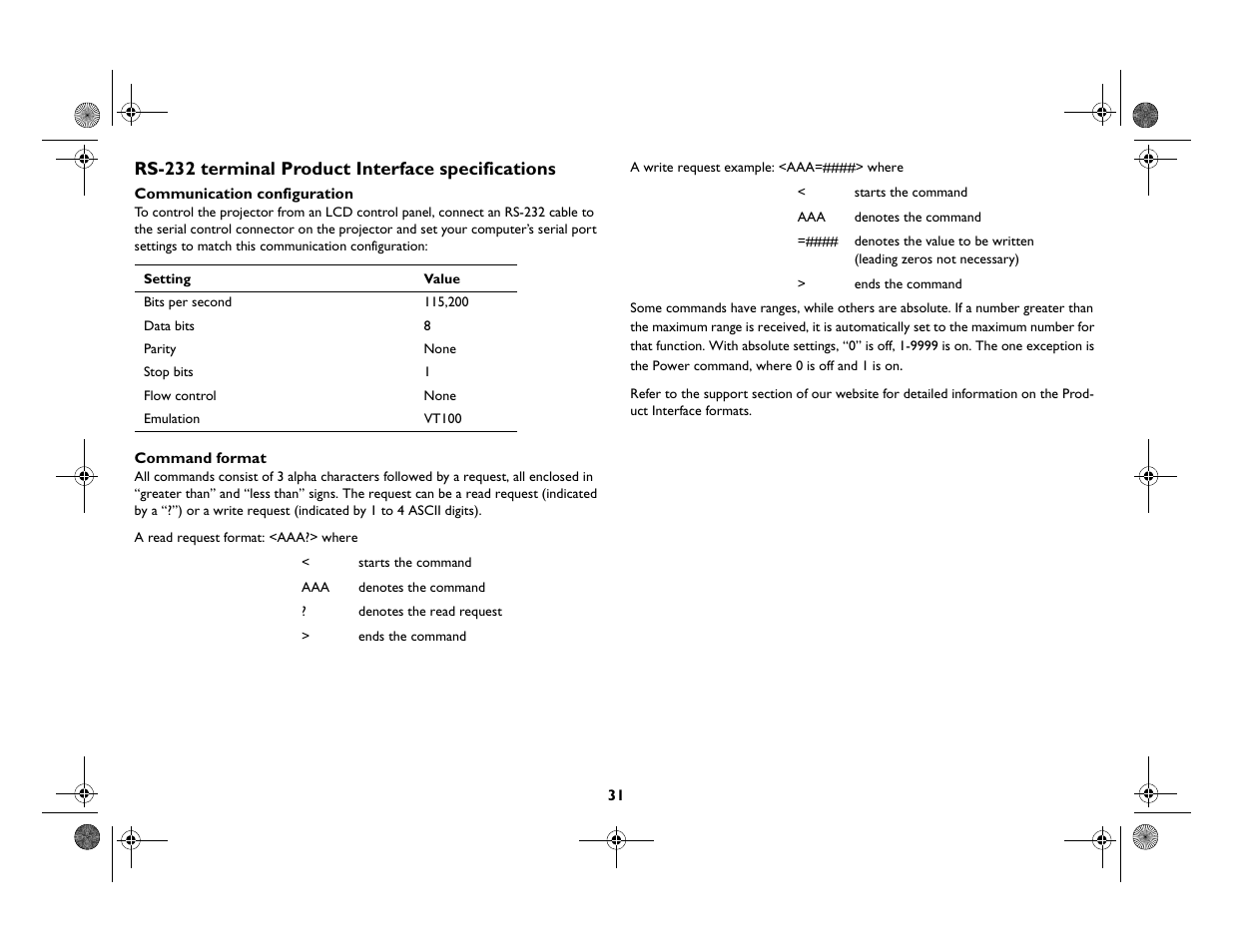 Rs-232 terminal product interface specifications | InFocus Play Big IN82 User Manual | Page 32 / 39