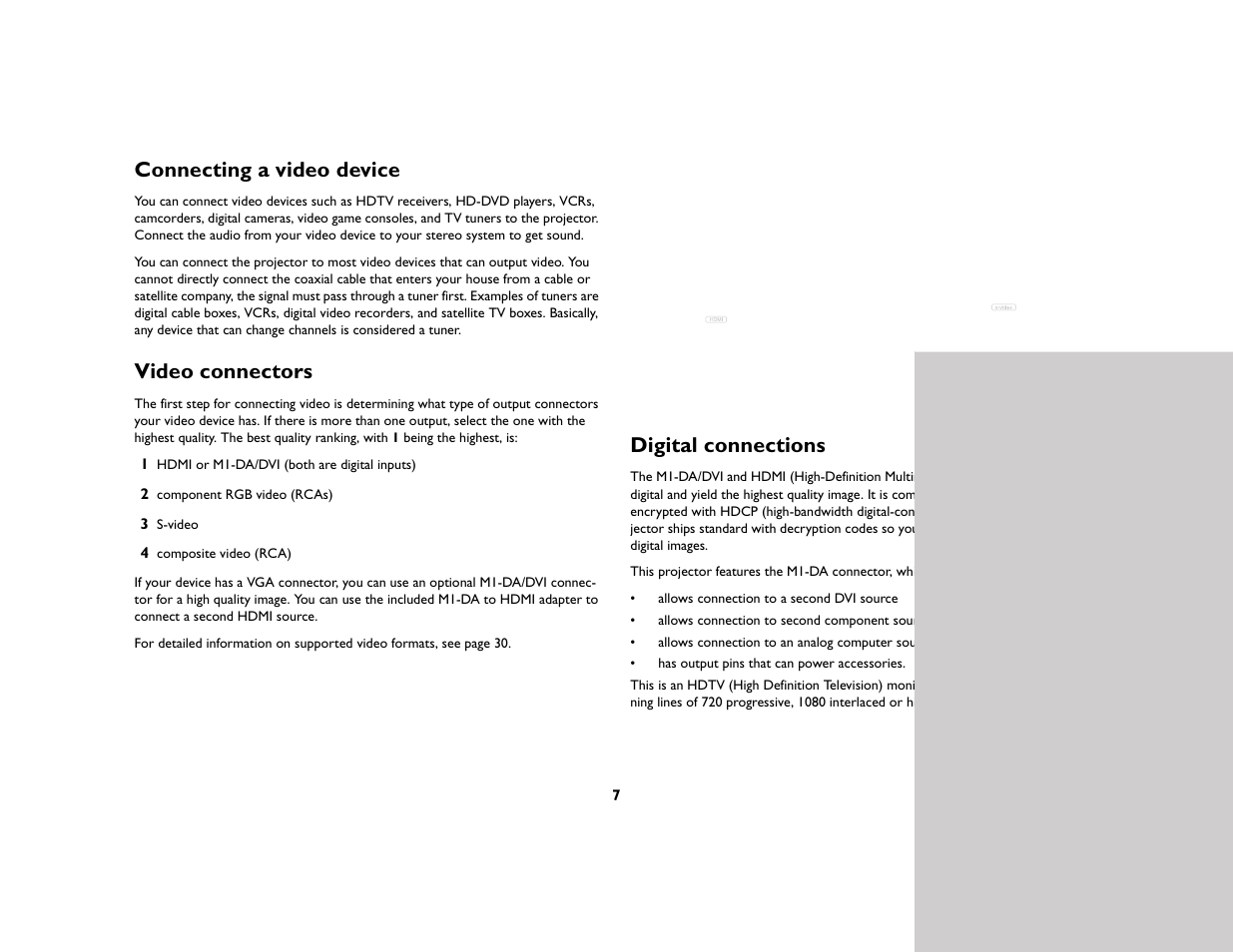 Connecting a video device, Video connectors, Digital connections | InFocus Play Big IN82 User Manual | Page 8 / 39