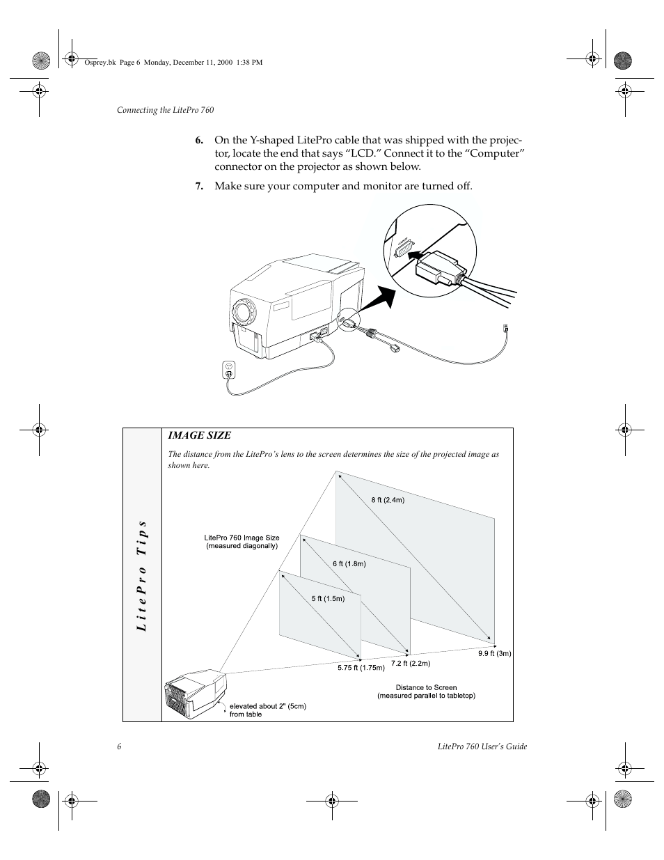 Make sure your computer and monitor are turned off, Litepro tips, Image size | InFocus 760 User Manual | Page 15 / 63