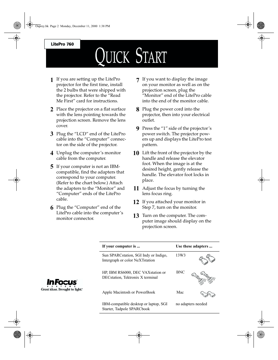 Adjust the focus by turning the lens focus ring, If your computer is, Use these adapters | Apple macintosh or powerbook, No adapters needed | InFocus 760 User Manual | Page 2 / 63