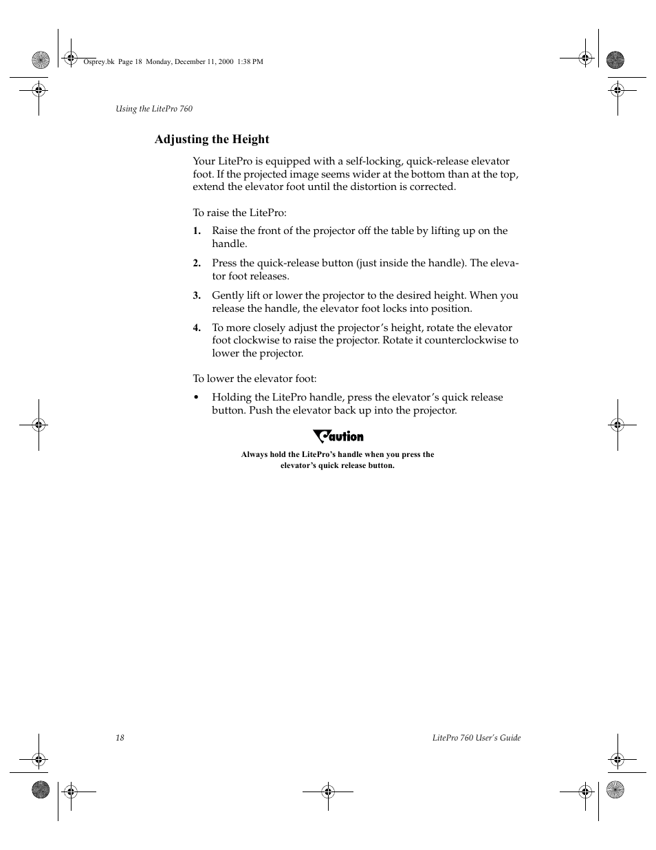Adjusting the height, To raise the litepro, To lower the elevator foot | InFocus 760 User Manual | Page 27 / 63