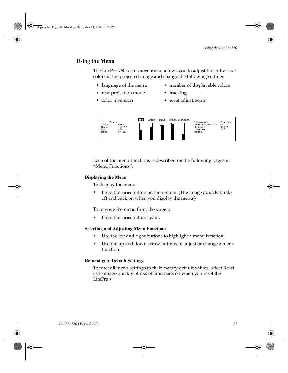 Using the menu, Language of the menu, Number of displayable colors | Rear projection mode, Tracking, Color inversion, Reset adjustments, To display the menu, To remove the menu from the screen, Press the menu button again | InFocus 760 User Manual | Page 30 / 63