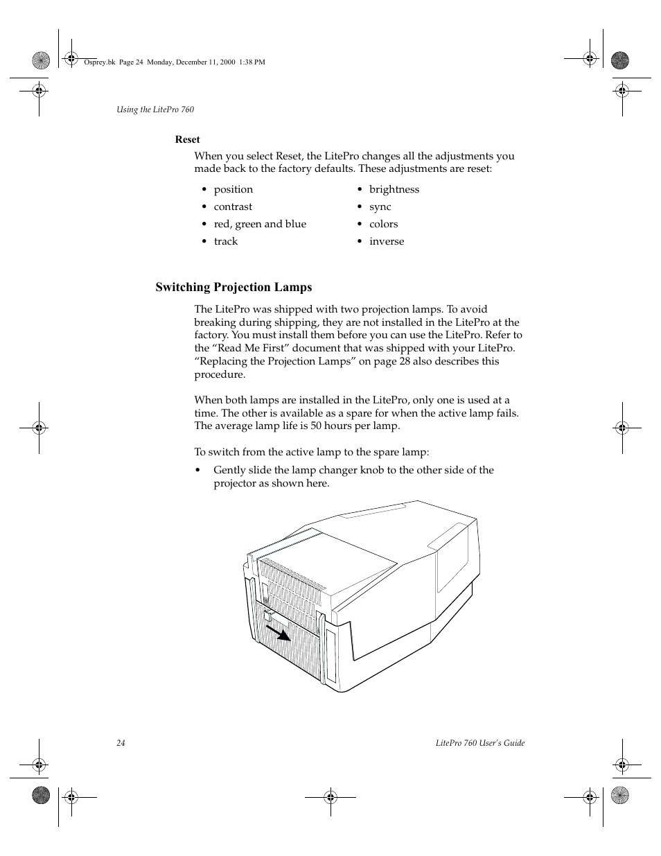 Position, Brightness, Contrast | Sync, Red, green and blue, Colors, Track, Inverse, Switching projection lamps, To switch from the active lamp to the spare lamp | InFocus 760 User Manual | Page 33 / 63