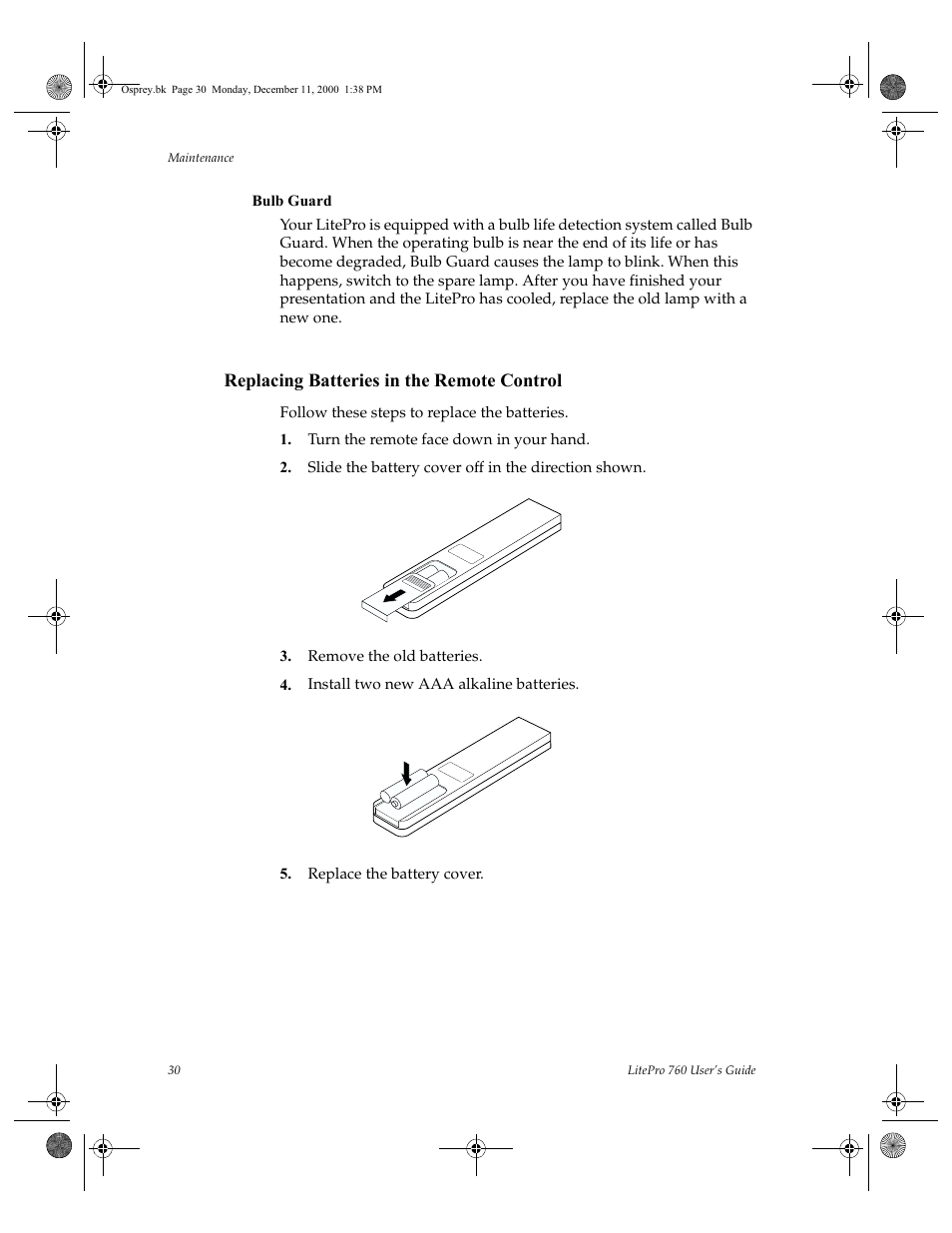 Replacing batteries in the remote control, Follow these steps to replace the batteries, Turn the remote face down in your hand | Slide the battery cover off in the direction shown, Remove the old batteries, Install two new aaa alkaline batteries, Replace the battery cover | InFocus 760 User Manual | Page 39 / 63