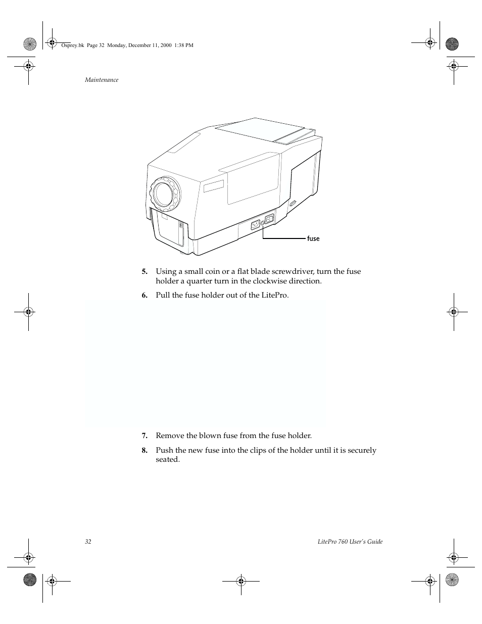 Pull the fuse holder out of the litepro, Remove the blown fuse from the fuse holder | InFocus 760 User Manual | Page 41 / 63