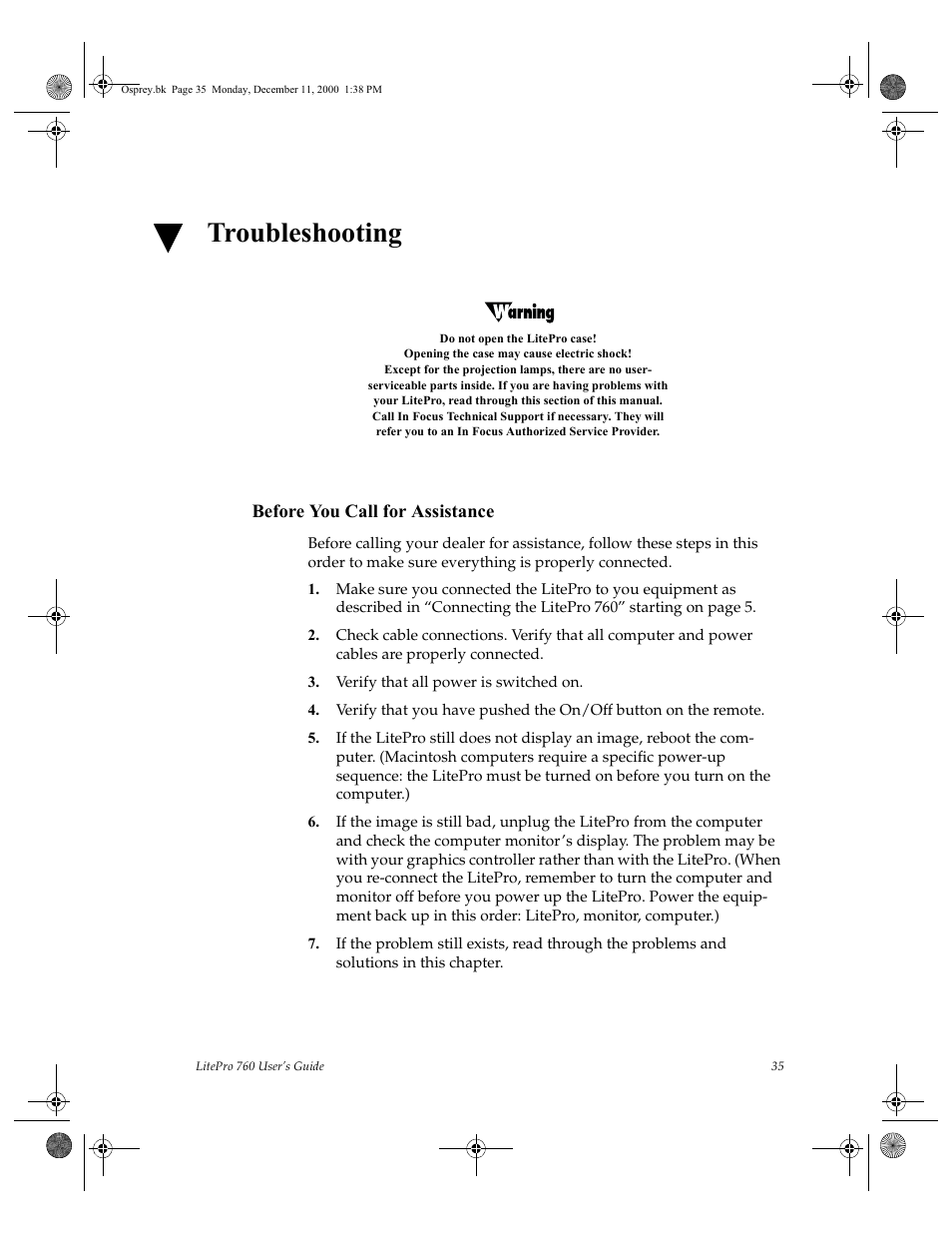 Before you call for assistance, Verify that all power is switched on, Troubleshooting | InFocus 760 User Manual | Page 44 / 63