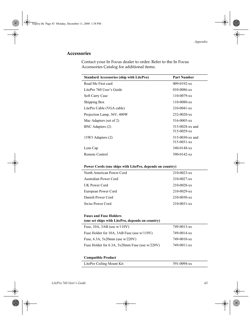 Accessories, Standard accessories (ship with litepro), Part number | Read me first card, 0192-xx, Litepro 760 user’s guide, 0086-xx, Soft carry case, 0079-xx, Shipping box | InFocus 760 User Manual | Page 52 / 63