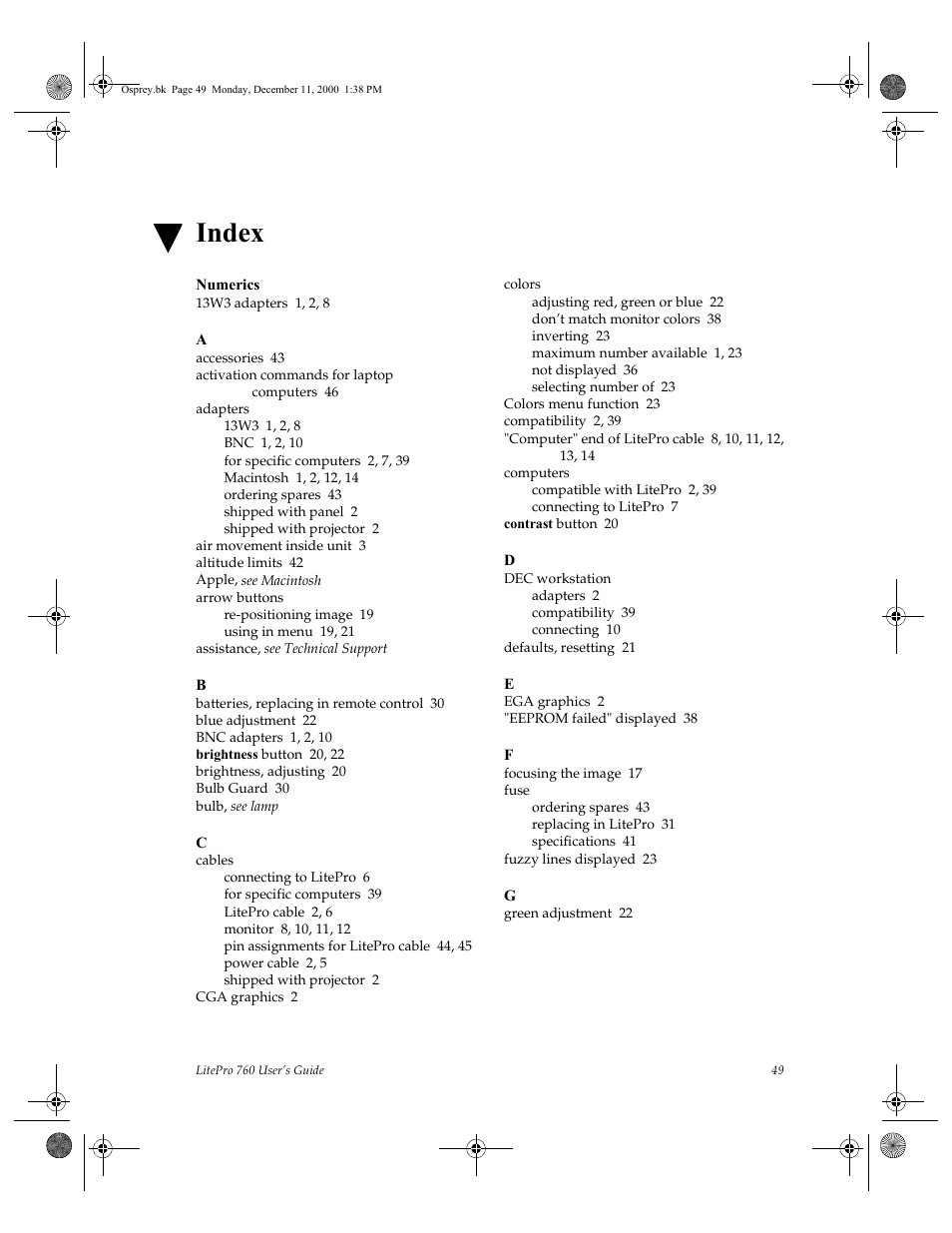 Numerics, 13w3 adapters 1, 2, 8, Accessories 43 | Activation commands for laptop computers 46, Adapters, 13w3 1, 2, 8, Bnc 1, 2, 10, For specific computers 2, 7, 39, Macintosh 1, 2, 12, 14, Ordering spares 43 | InFocus 760 User Manual | Page 58 / 63