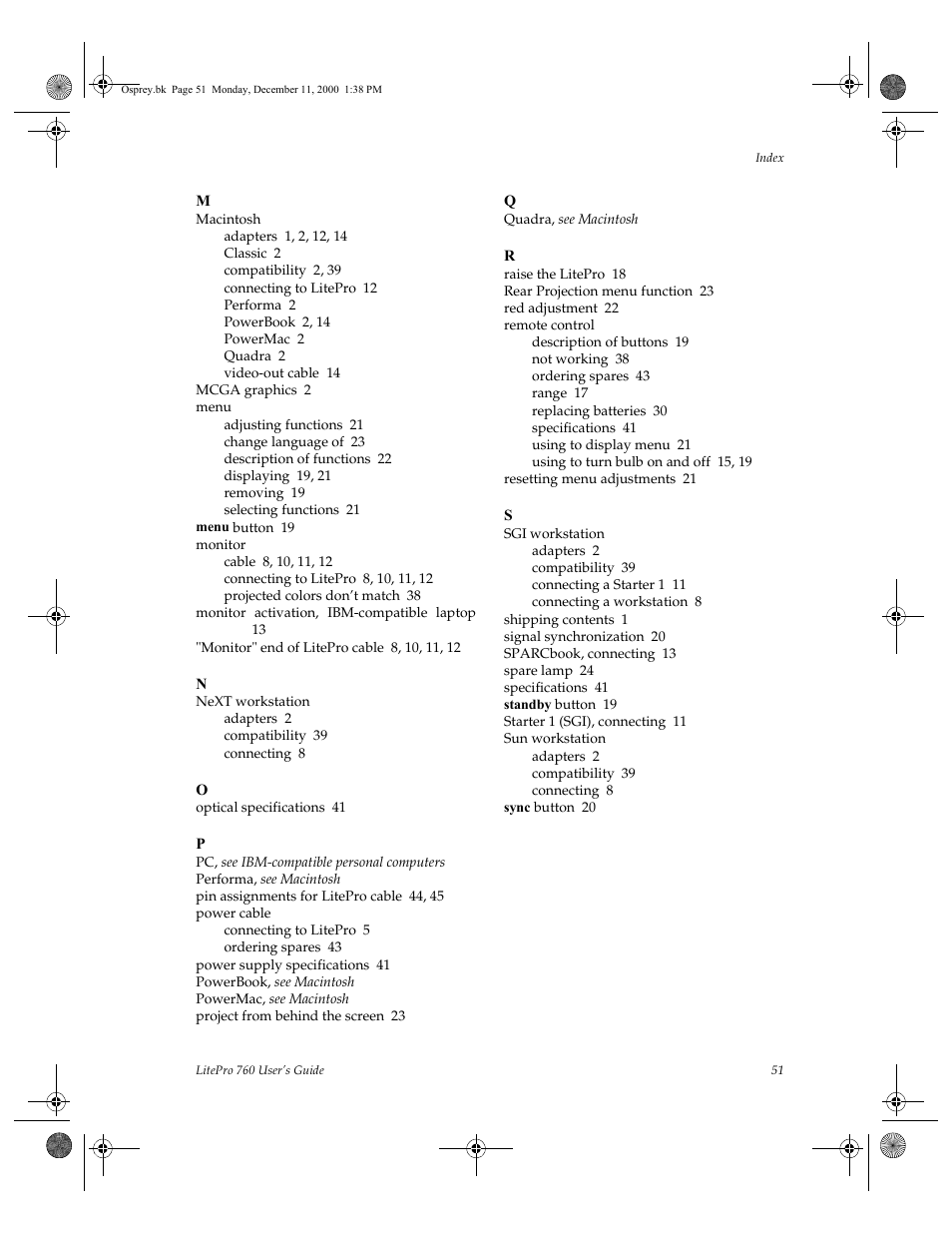 Macintosh, Adapters 1, 2, 12, 14, Classic 2 | Compatibility 2, 39, Connecting to litepro 12, Performa 2, Powerbook 2, 14, Powermac 2, Quadra 2, Video-out cable 14 | InFocus 760 User Manual | Page 60 / 63