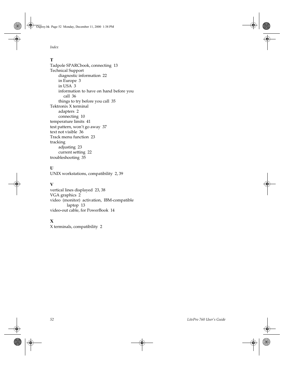 Tadpole sparcbook, connecting 13, Technical support, Diagnostic information 22 | In europe 3, In usa 3, Information to have on hand before you call 36, Things to try before you call 35, Tektronix x terminal, Adapters 2, Connecting 10 | InFocus 760 User Manual | Page 61 / 63