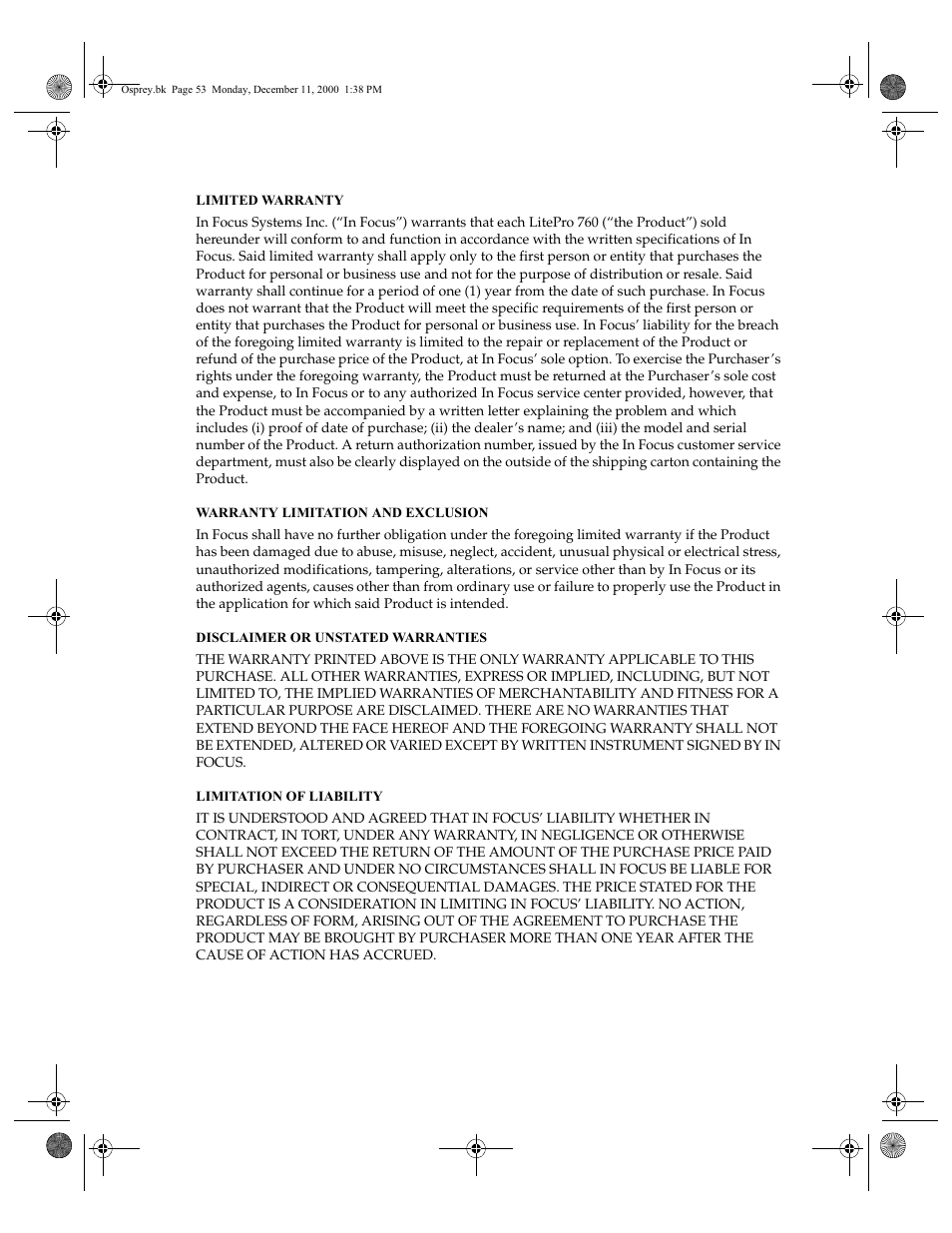 Limited warranty, Warranty limitation and exclusion, Disclaimer or unstated warranties | Limitation of liability | InFocus 760 User Manual | Page 62 / 63