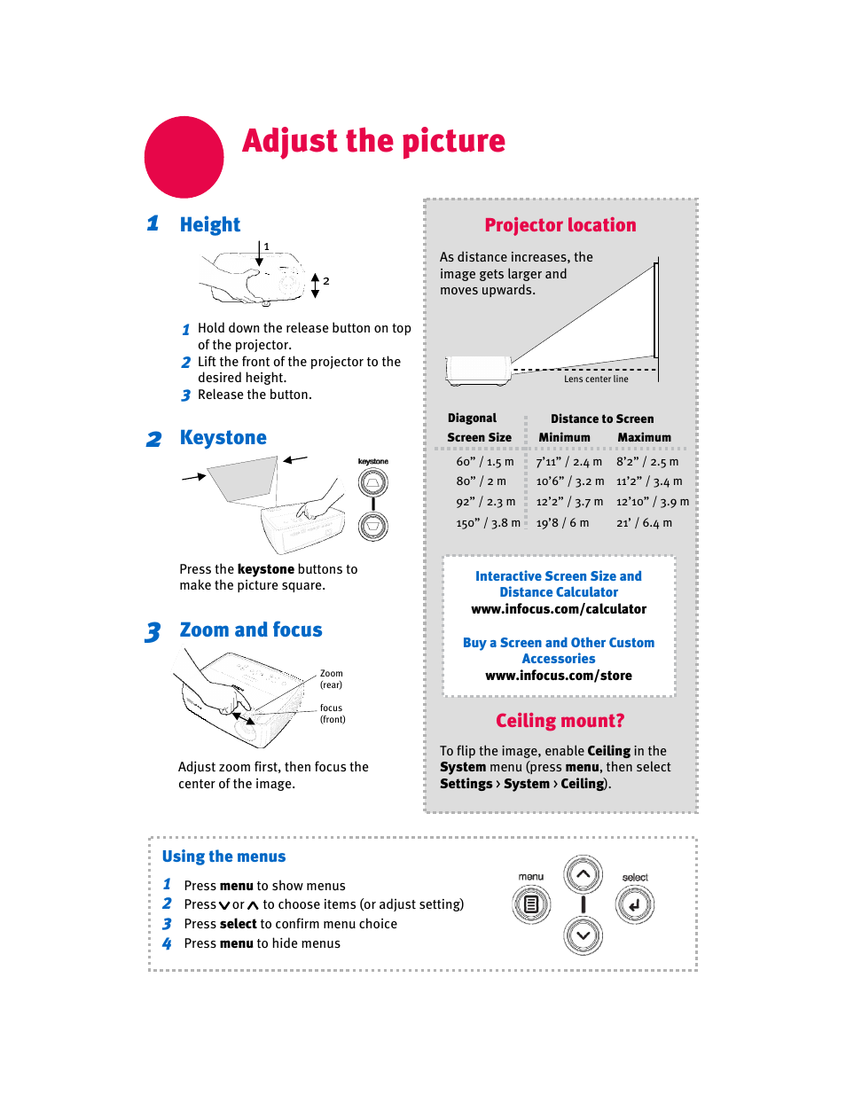 Adjust the picture, Height, Keystone | Zoom and focus | InFocus IN26 User Manual | Page 5 / 8