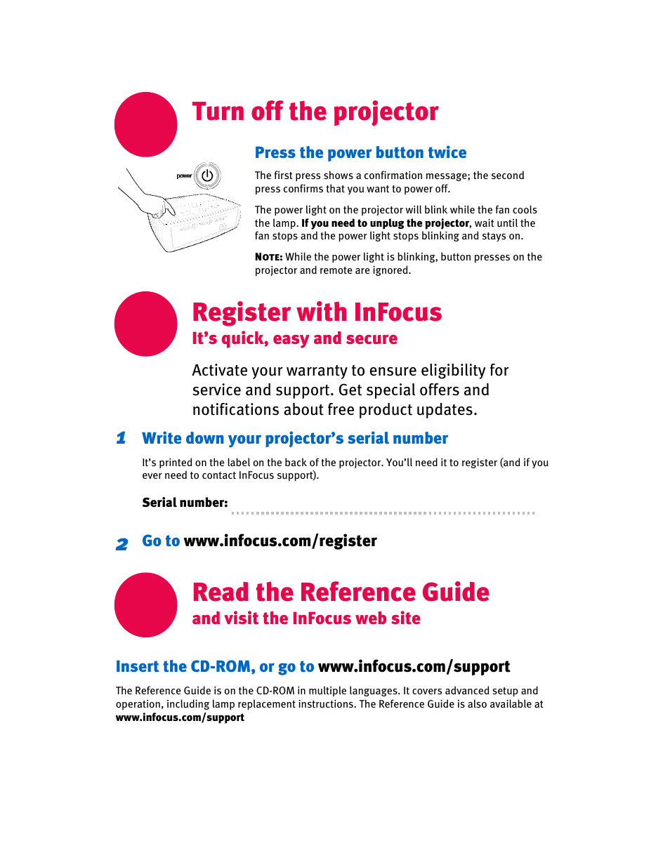 Turn off the projector, Read the reference guide, Register with infocus | InFocus IN26 User Manual | Page 6 / 8