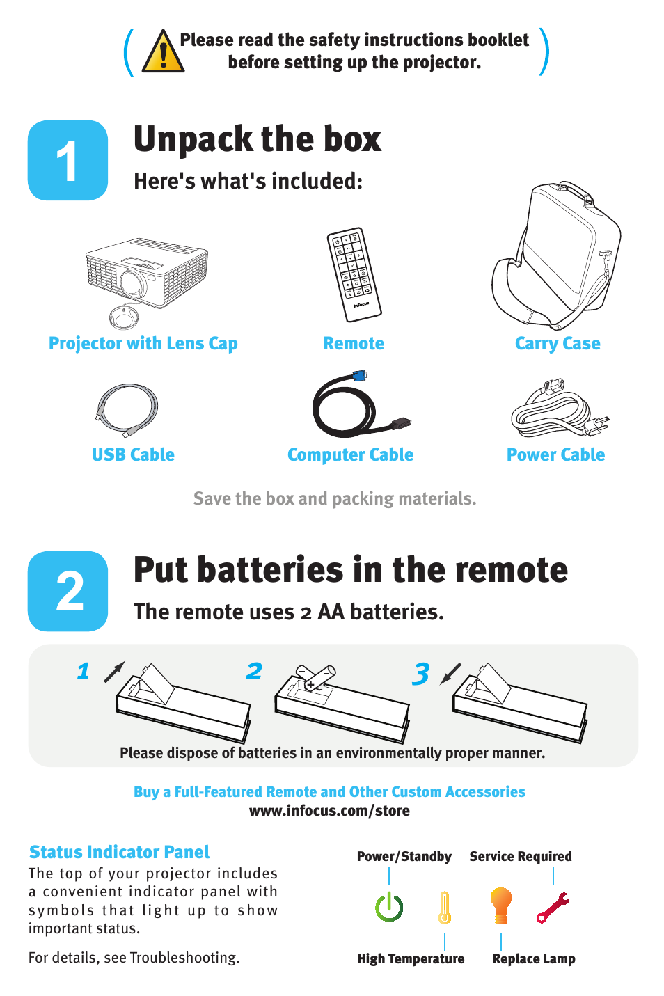 Unpack the box, Put batteries in the remote | InFocus IN1500 P1503 009-1312-01 *009-1312-01* 2 31 User Manual | Page 2 / 8