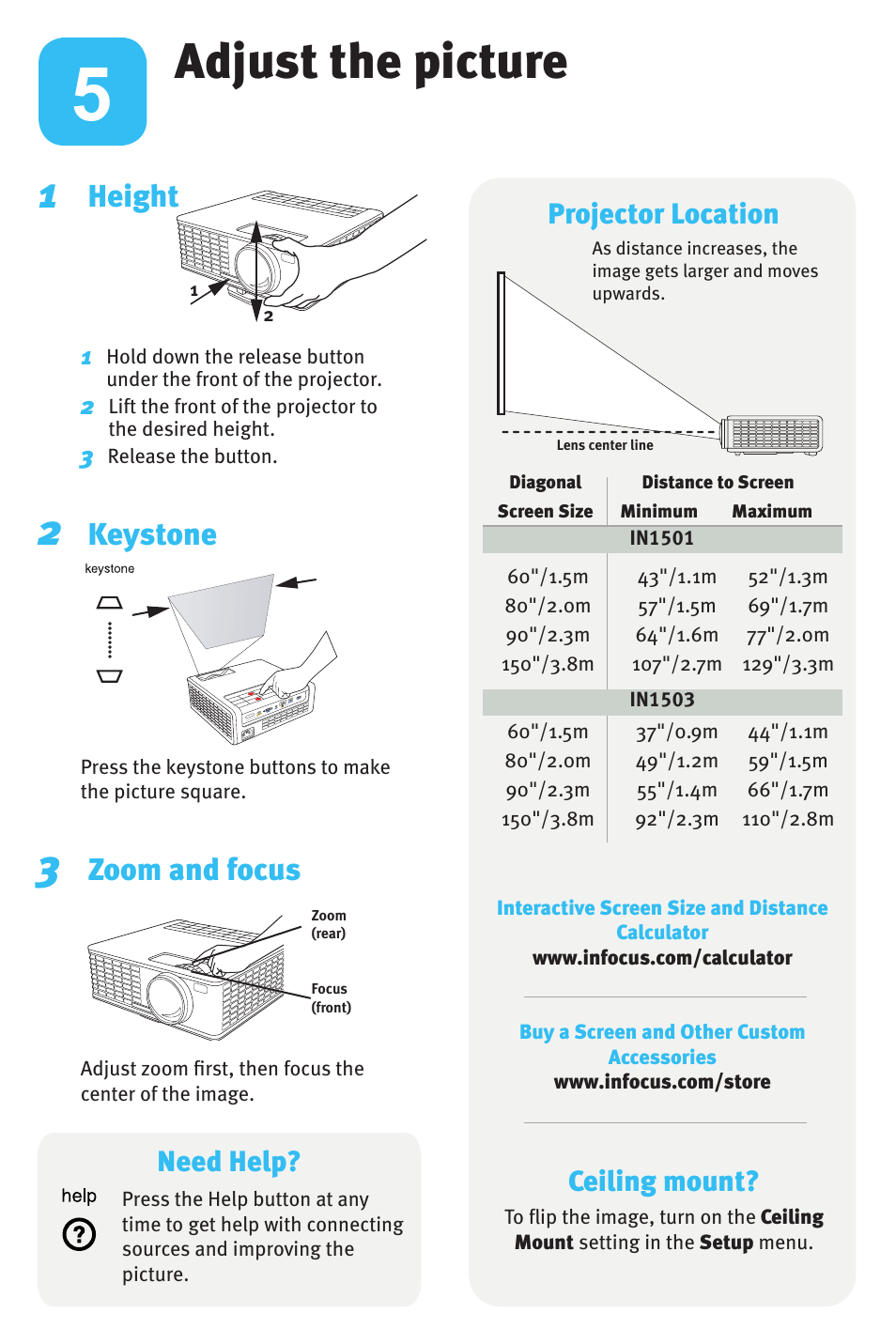 Adjust the picture, Height, Keystone | Zoom and focus, Projector location, Ceiling mount, Need help | InFocus IN1500 P1503 009-1312-01 *009-1312-01* 2 31 User Manual | Page 5 / 8