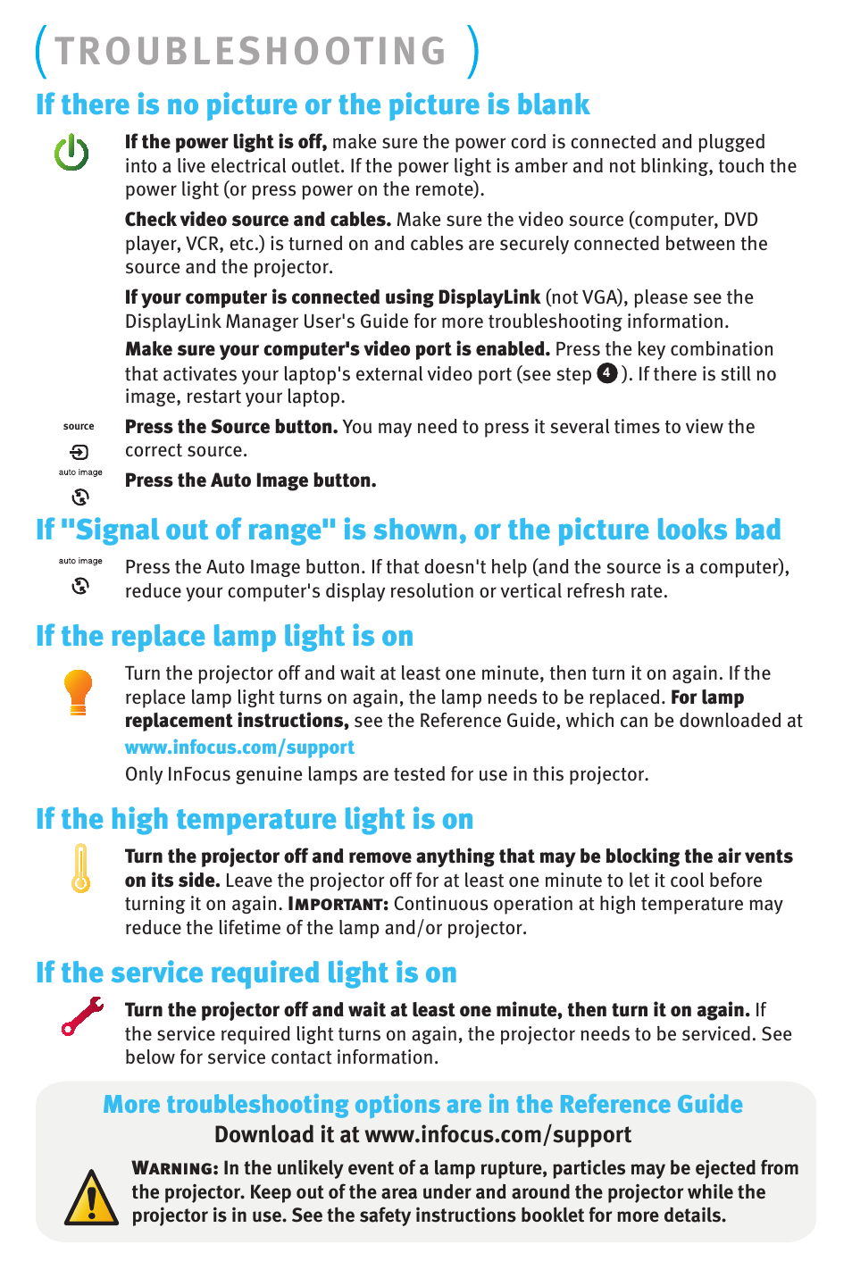 Troubleshooting, If there is no picture or the picture is blank, If the replace lamp light is on | If the high temperature light is on, If the service required light is on | InFocus IN1500 P1503 009-1312-01 *009-1312-01* 2 31 User Manual | Page 7 / 8