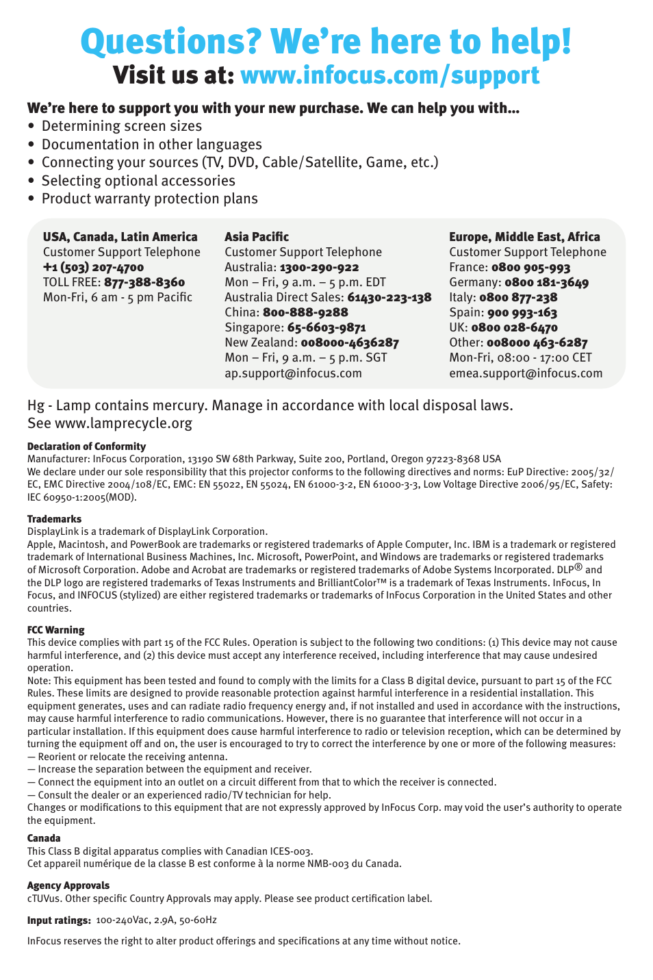 Questions? we’re here to help | InFocus IN1500 P1503 009-1312-01 *009-1312-01* 2 31 User Manual | Page 8 / 8