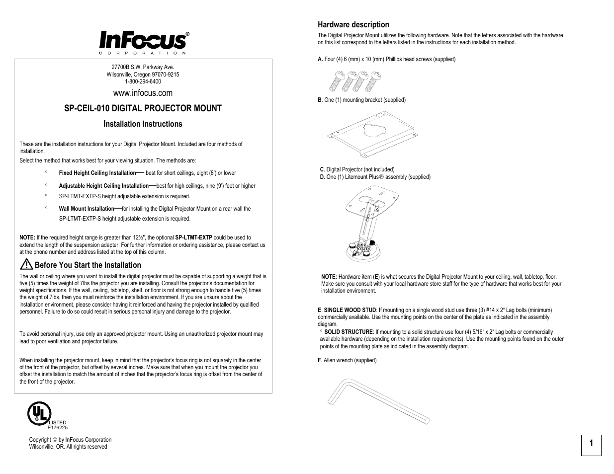 InFocus SP-CEIL-010 User Manual | 5 pages