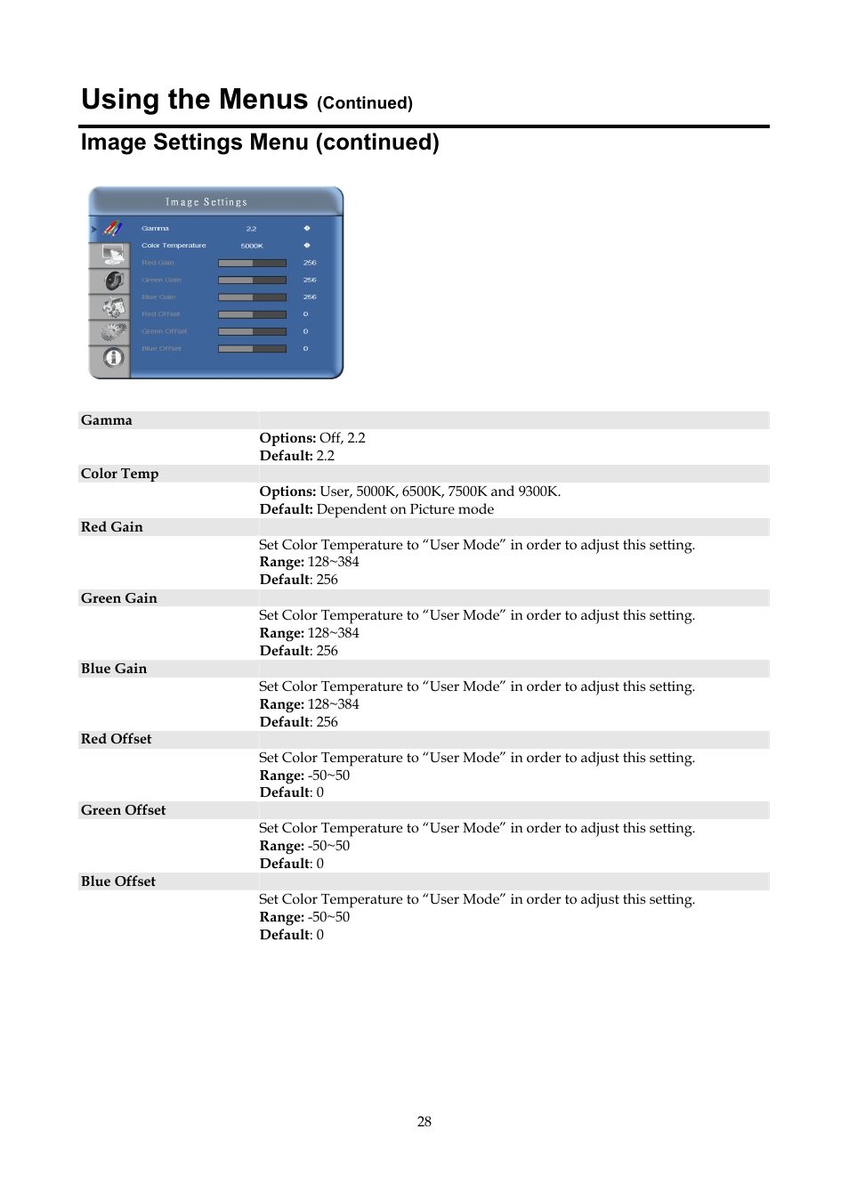 Using the menus, Image settings menu (continued) | InFocus ST-HB55A User Manual | Page 29 / 39