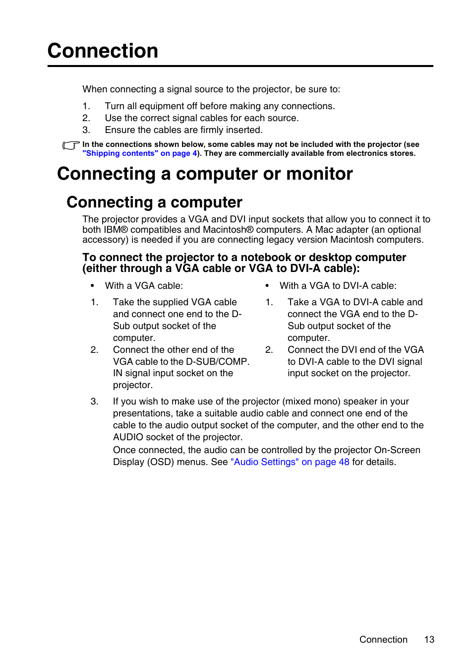 Connection, Connecting a computer or monitor, Connecting a computer | InFocus XS1 User Manual | Page 13 / 61