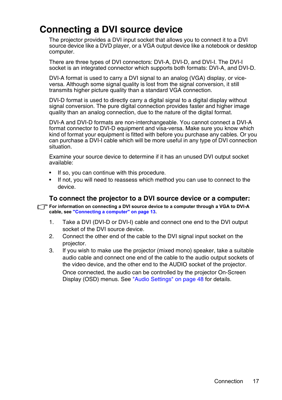 Connecting a dvi source device | InFocus XS1 User Manual | Page 17 / 61