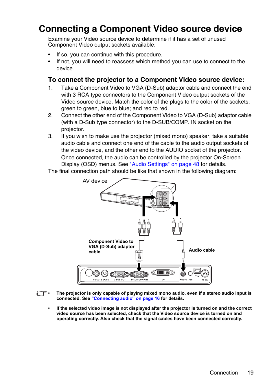 Connecting a component video source device | InFocus XS1 User Manual | Page 19 / 61