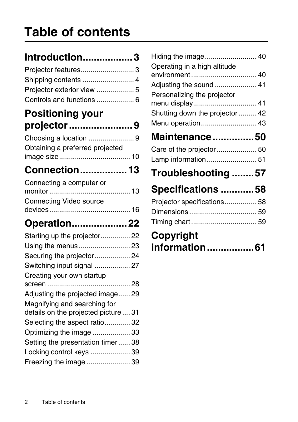 InFocus XS1 User Manual | Page 2 / 61