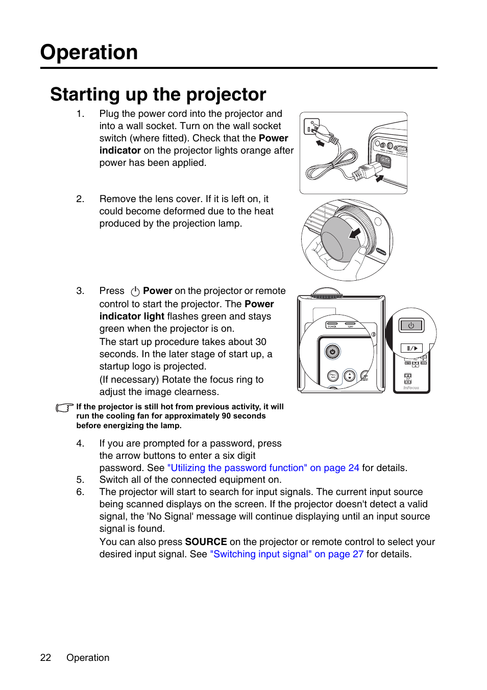 Operation, Starting up the projector, Starting up the projector" on | InFocus XS1 User Manual | Page 22 / 61