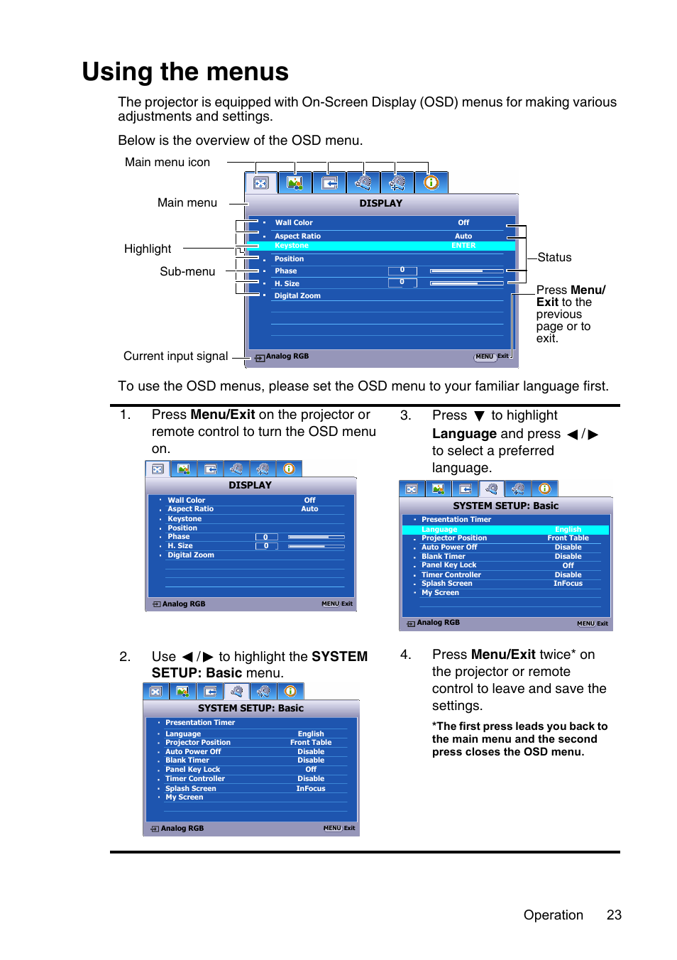 Using the menus, Using the, Using the menus" on | For det, Using, Operation 23 | InFocus XS1 User Manual | Page 23 / 61