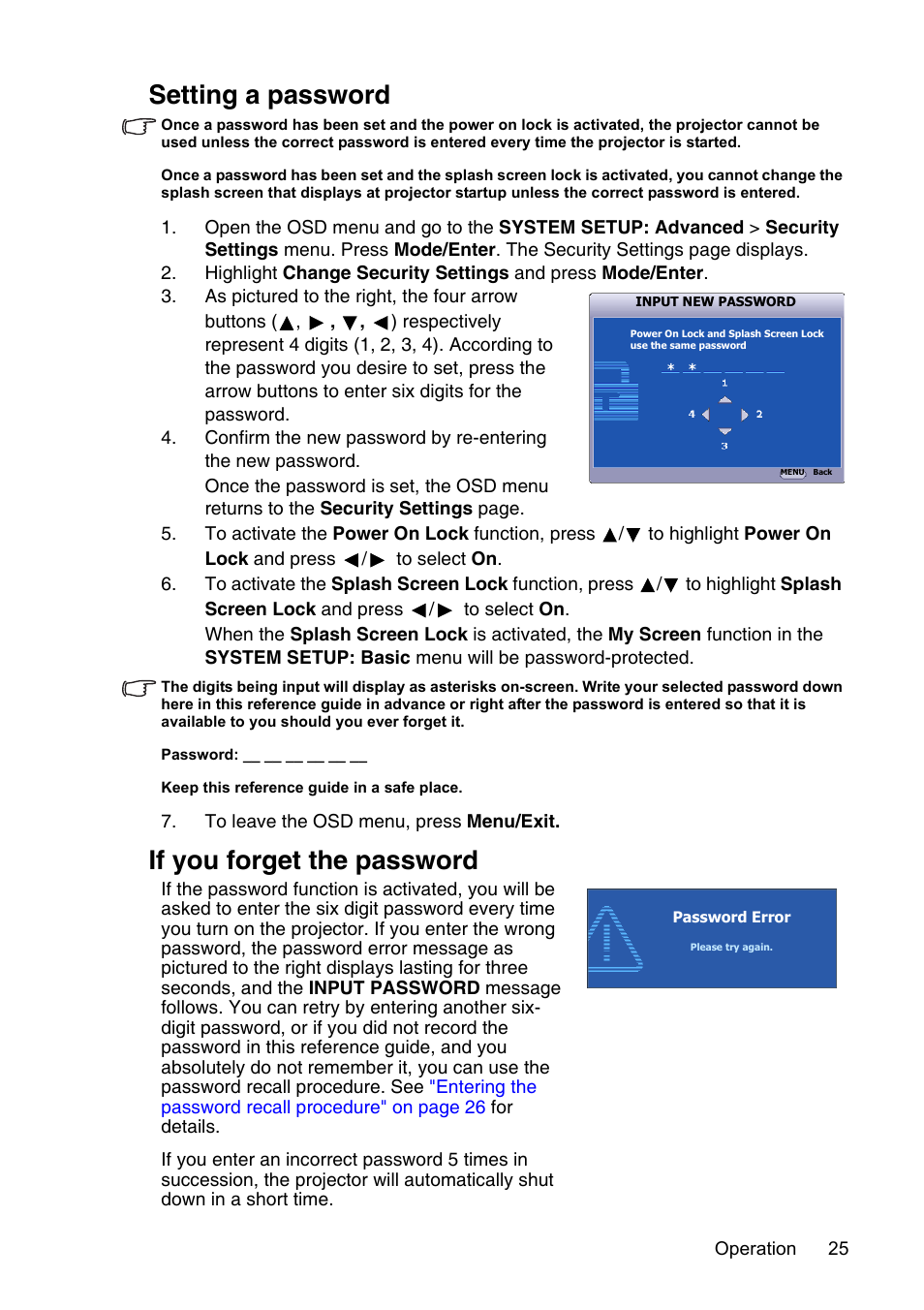 Setting a password, If you forget the password | InFocus XS1 User Manual | Page 25 / 61