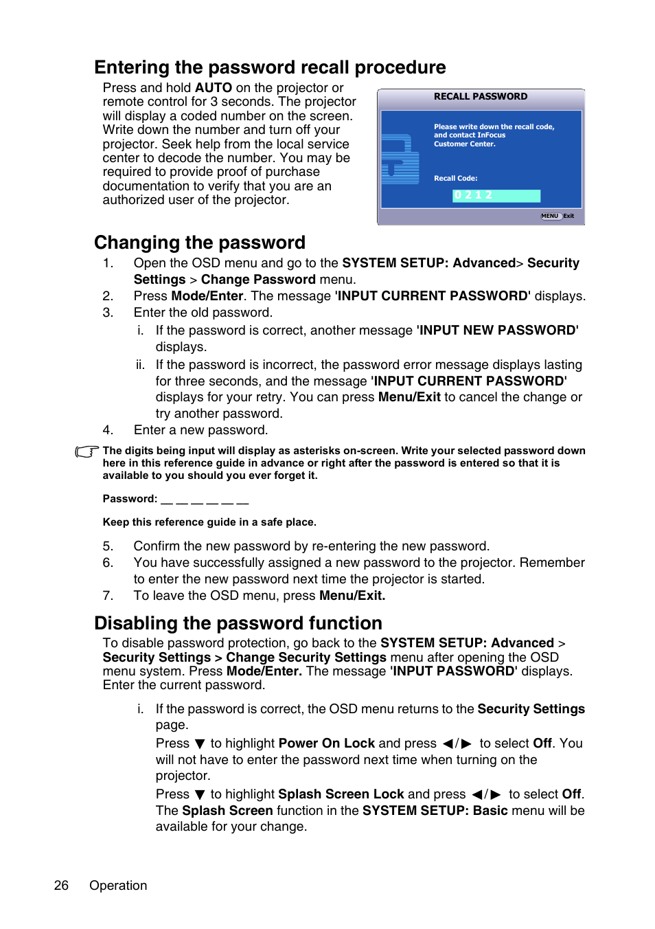 Ure. see, Entering the, Entering the password recall procedure | Changing the password, Disabling the password function | InFocus XS1 User Manual | Page 26 / 61