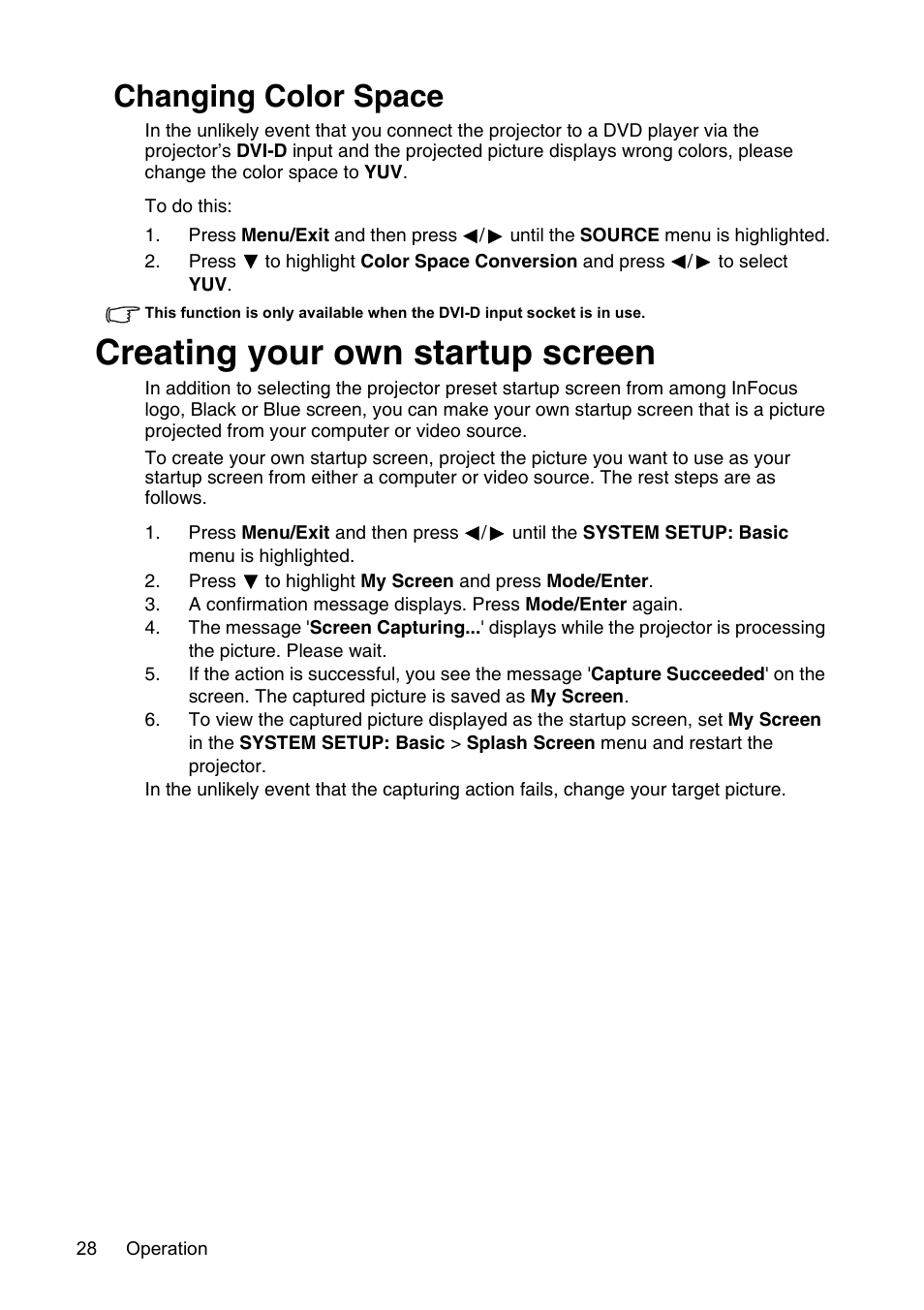 Changing color space, Creating your own startup screen | InFocus XS1 User Manual | Page 28 / 61