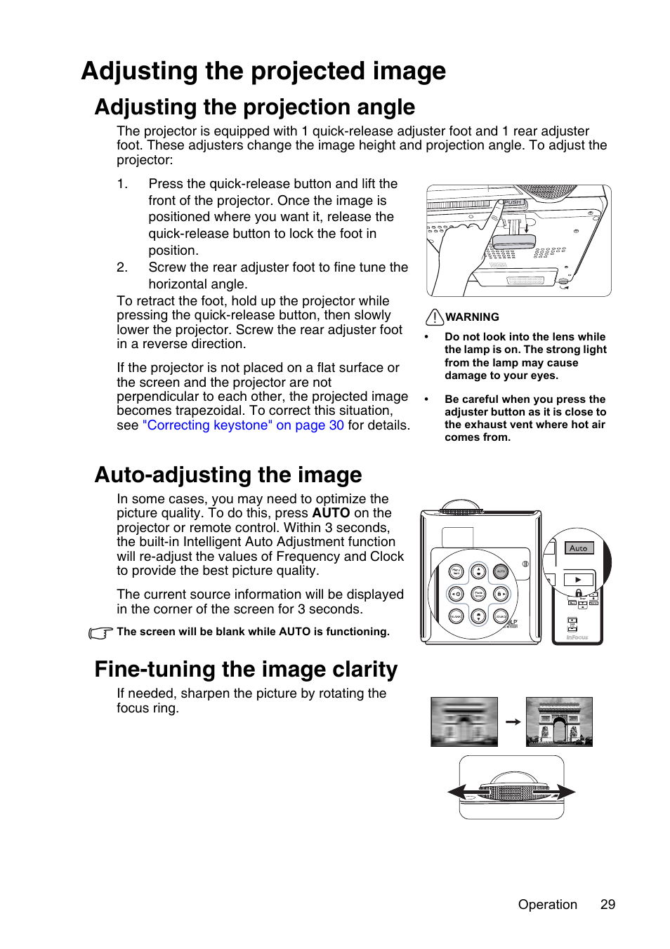 Adjusting the projected image, Adjusting the projection angle, Auto-adjusting the image | Fine-tuning the image clarity, Fine-tuning the image, Auto-adjusting the image" on, For det | InFocus XS1 User Manual | Page 29 / 61