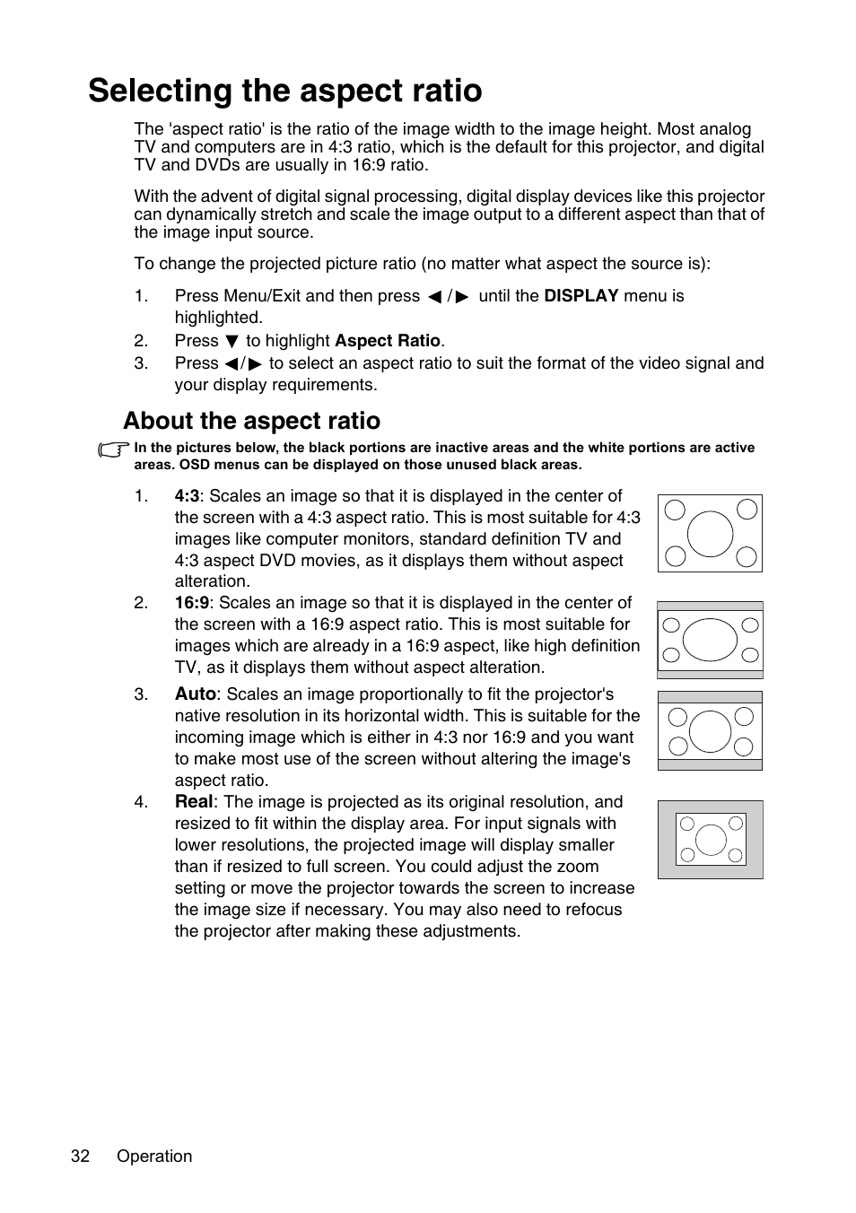 Selecting the aspect ratio, Selecting, About the aspect ratio | InFocus XS1 User Manual | Page 32 / 61