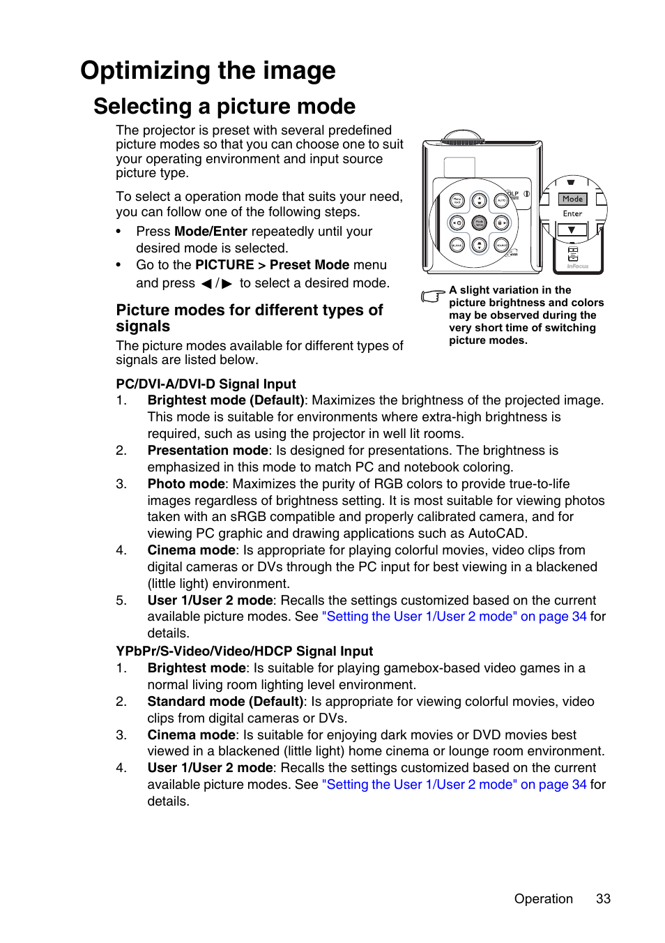 Optimizing the image, Selecting a picture mode, Selecting a picture | InFocus XS1 User Manual | Page 33 / 61