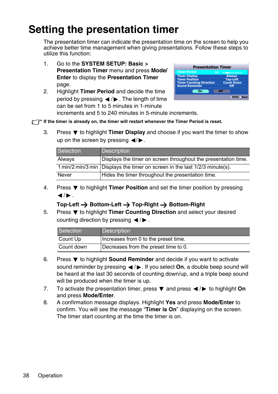 Setting the presentation timer | InFocus XS1 User Manual | Page 38 / 61