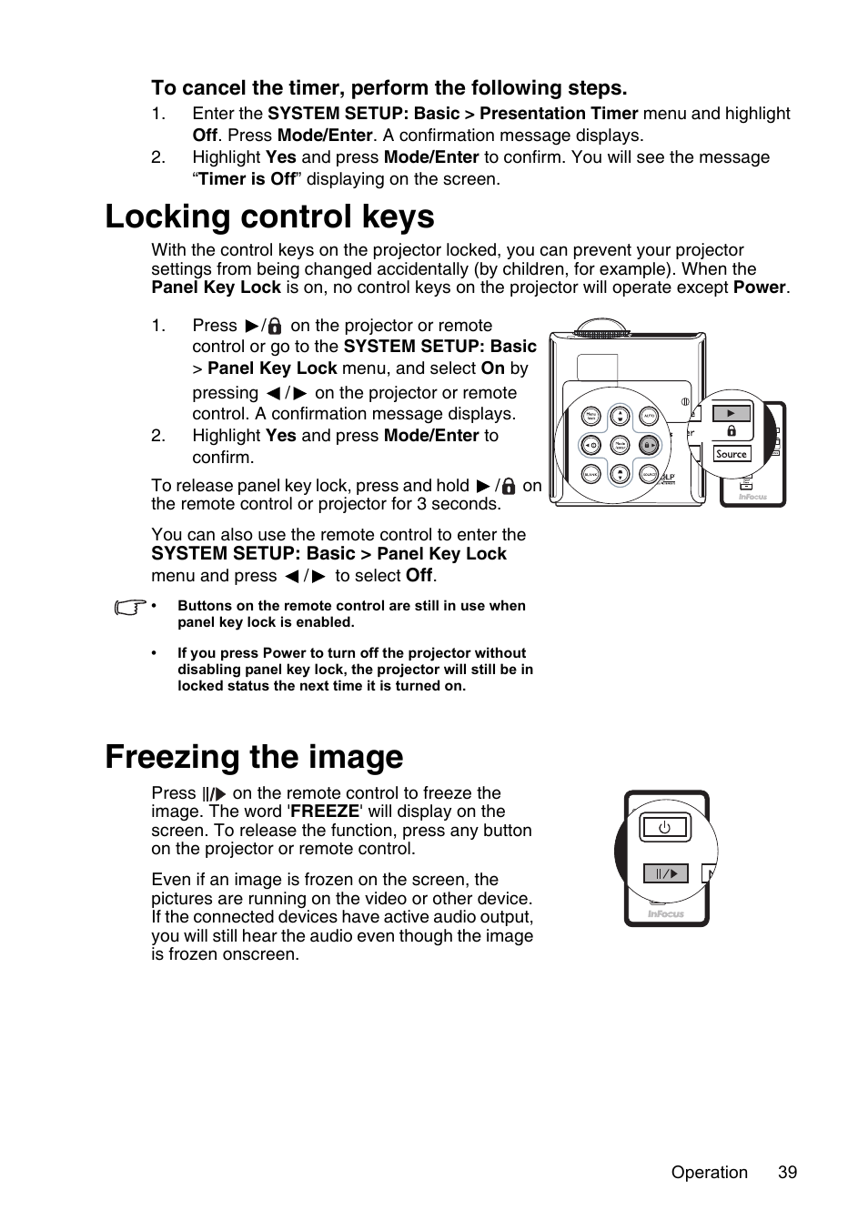 Locking control keys, Freezing the image, Locking control keys freezing the image | InFocus XS1 User Manual | Page 39 / 61