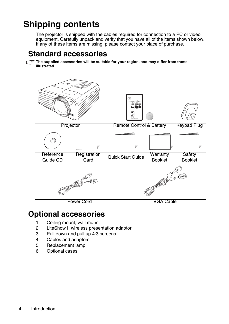 Shipping contents, Standard accessories, Optional accessories | InFocus XS1 User Manual | Page 4 / 61