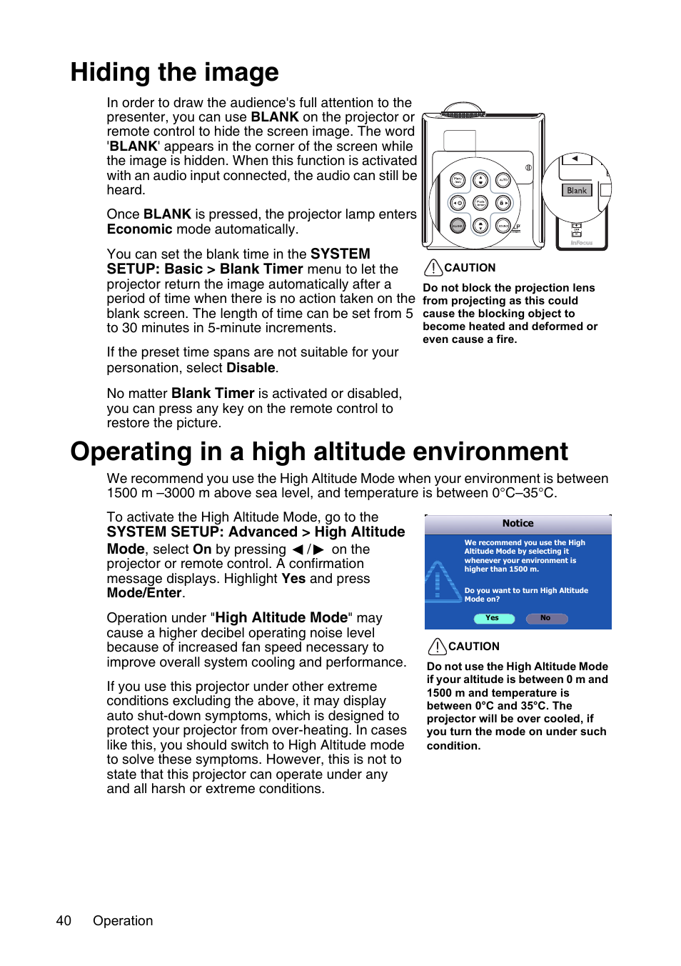 Hiding the image, Operating in a high altitude environment | InFocus XS1 User Manual | Page 40 / 61